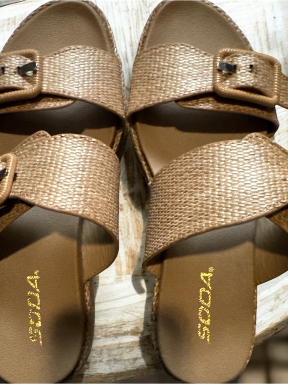 Soda Metallic Tan Woven Double-Buckle Slide Sandals